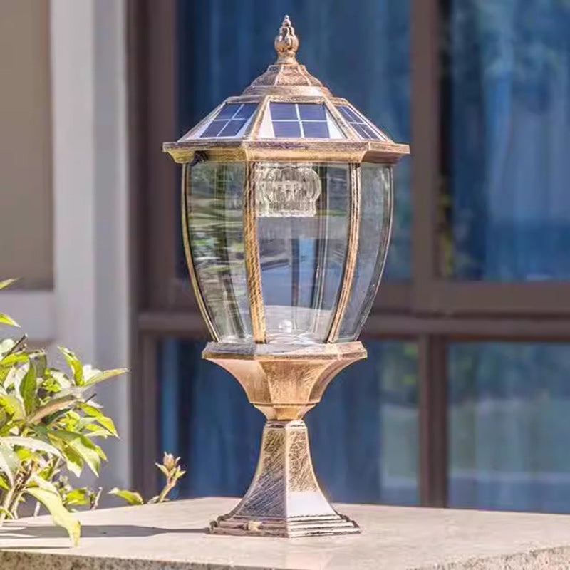 Retro Hexagon Aluminum Glass LED Solar Post Light