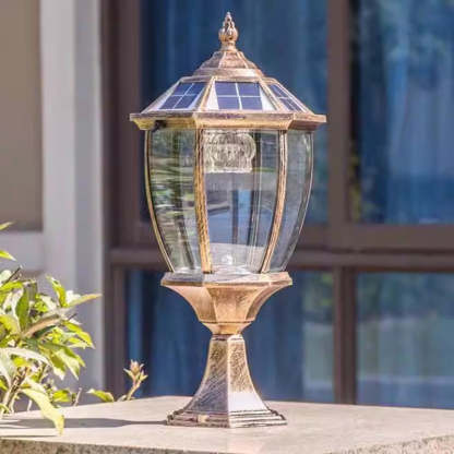 Retro Hexagon Aluminum Glass LED Solar Post Light
