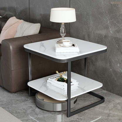 Nordic Iron Rock Slab 2-Tier End Table — Gold / White