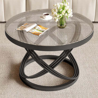 Contemporary Round Iron Glass Coffee Table — Black