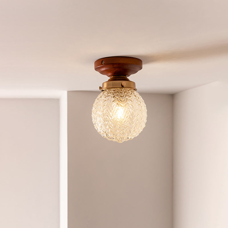 Vintage Globe Wood Glass Semi-Flush Ceiling Light