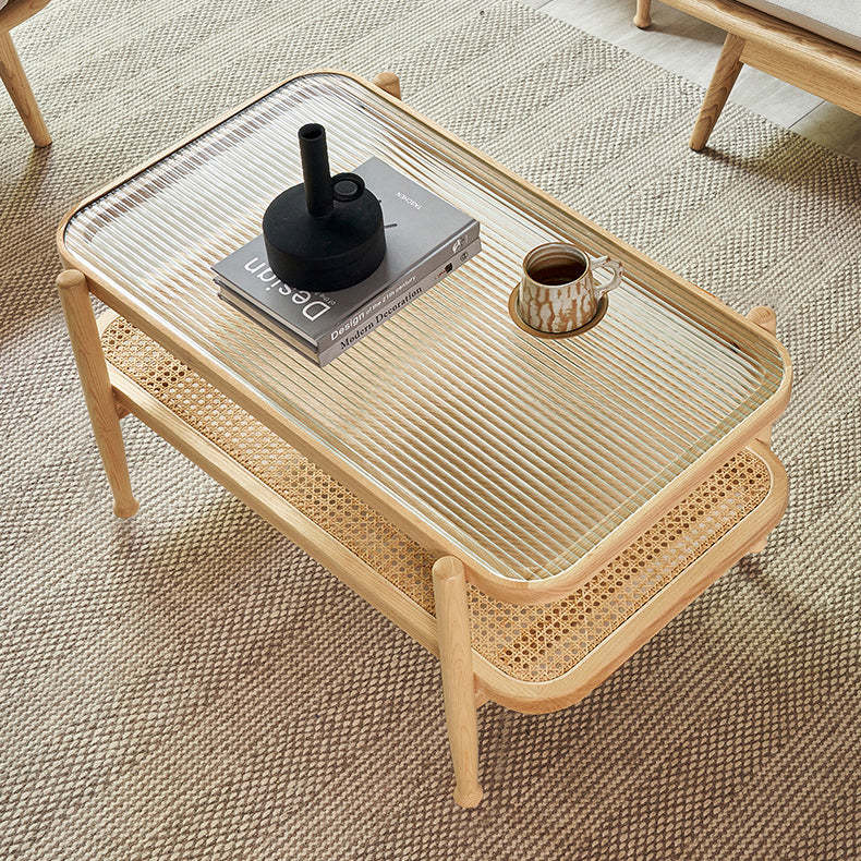 Japanese Wood Glass 2-Tier Coffee Table