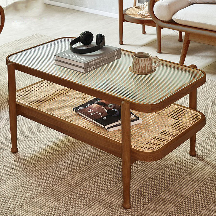 Japanese Wood Glass 2-Tier Coffee Table — Walnut Color