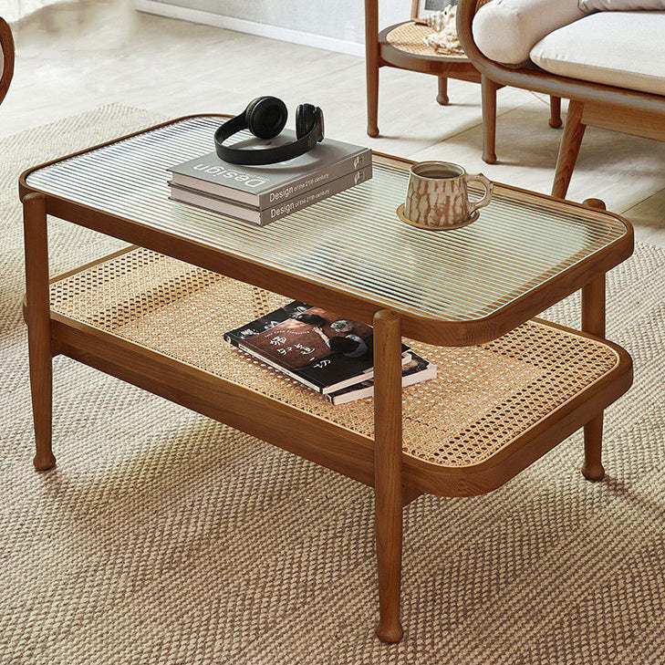Japanese Wood Glass 2-Tier Coffee Table — Walnut Color