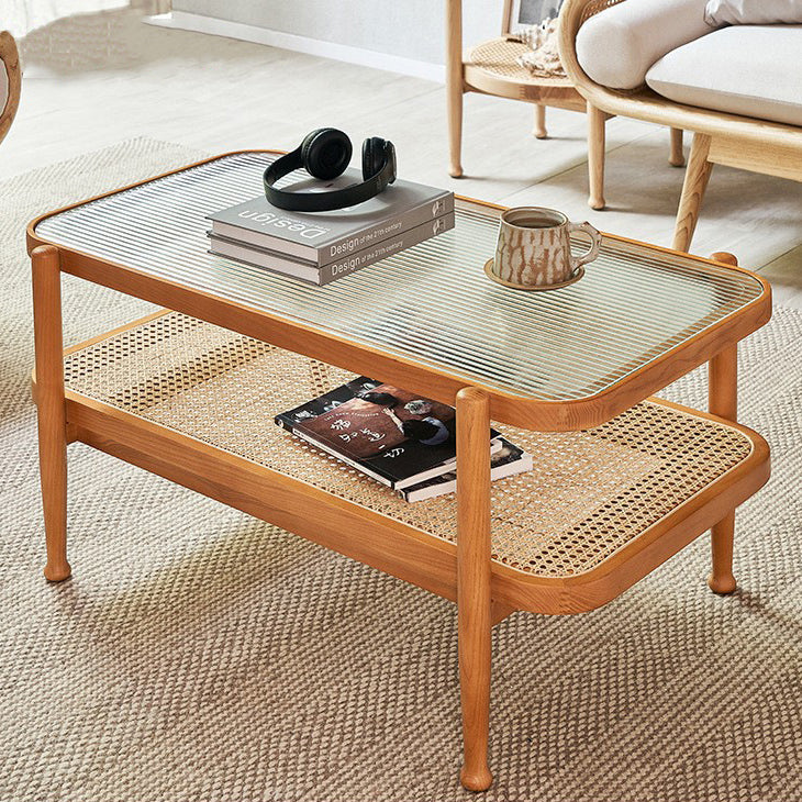 Japanese Wood Glass 2-Tier Coffee Table — Wood Color