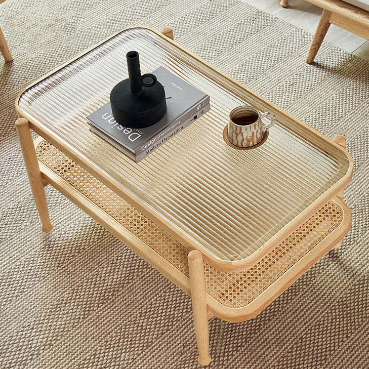 Japanese Wood Glass 2-Tier Coffee Table — Cherry Wood Color