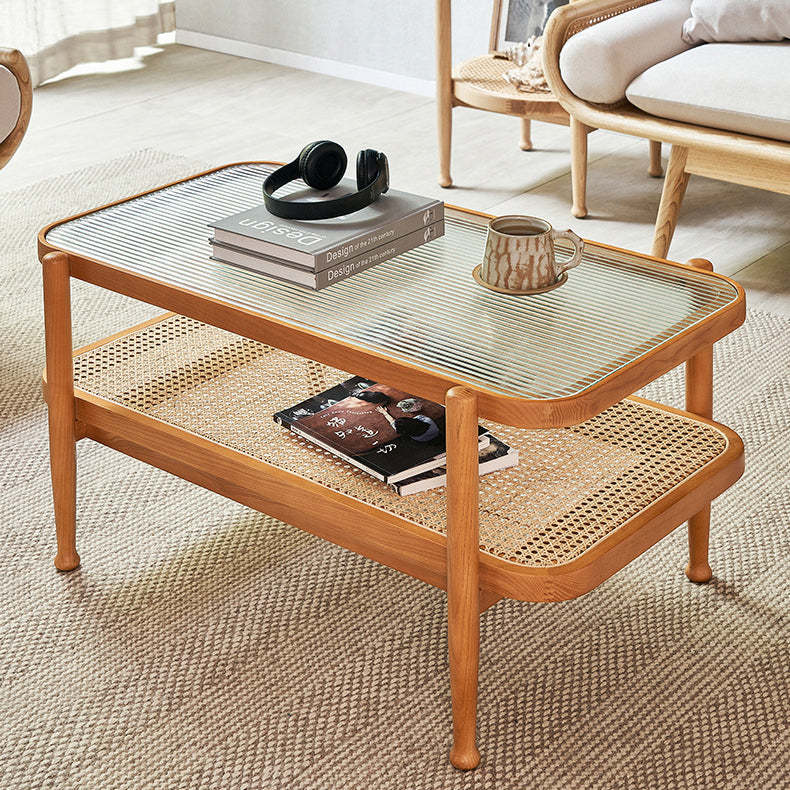 Japanese Wood Glass 2-Tier Coffee Table