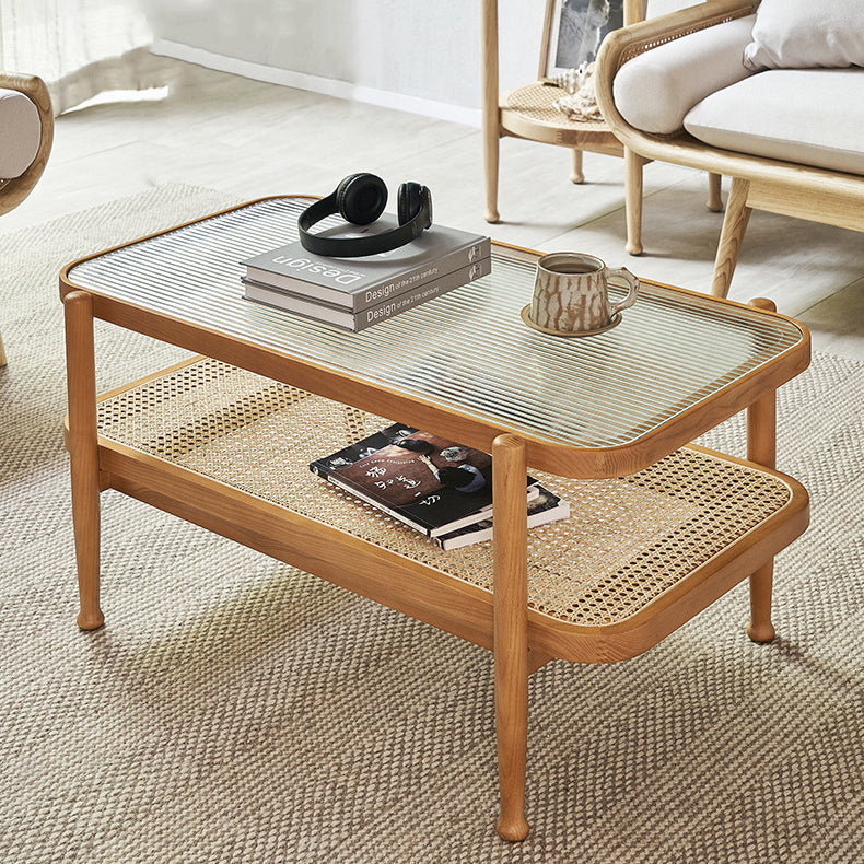 Japanese Wood Glass 2-Tier Coffee Table