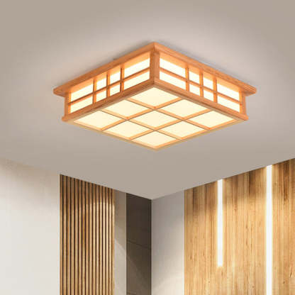 Japanese Square Lattice Acrylic Iron Wood LED Flush Light