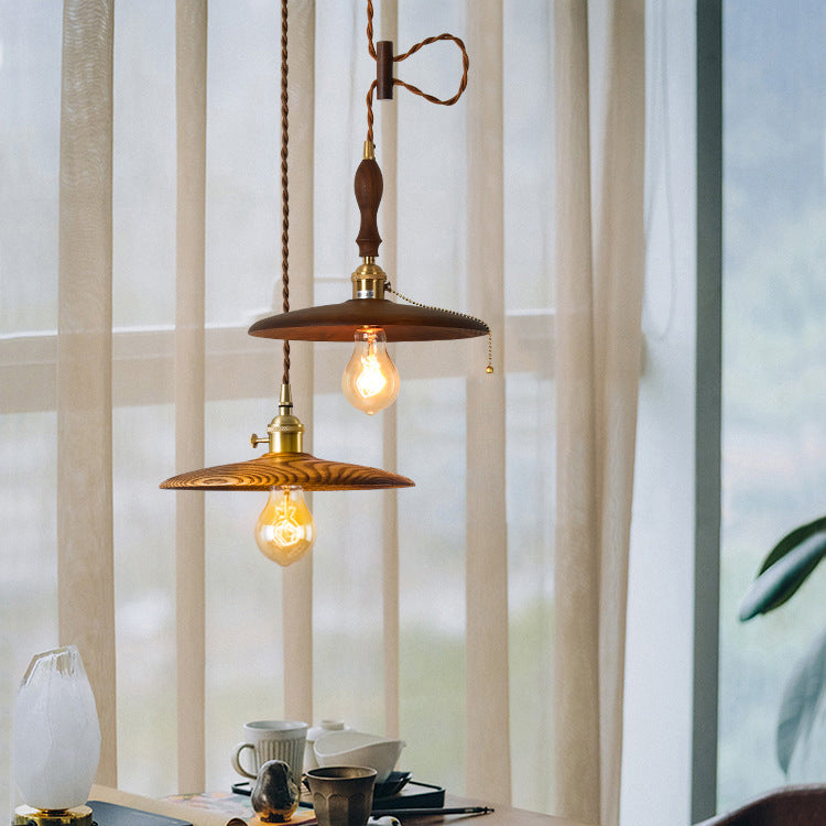 Flying pull brass pendant lighting for bedroom — 7.87" Diameter / Natural Wood / Pull Chain