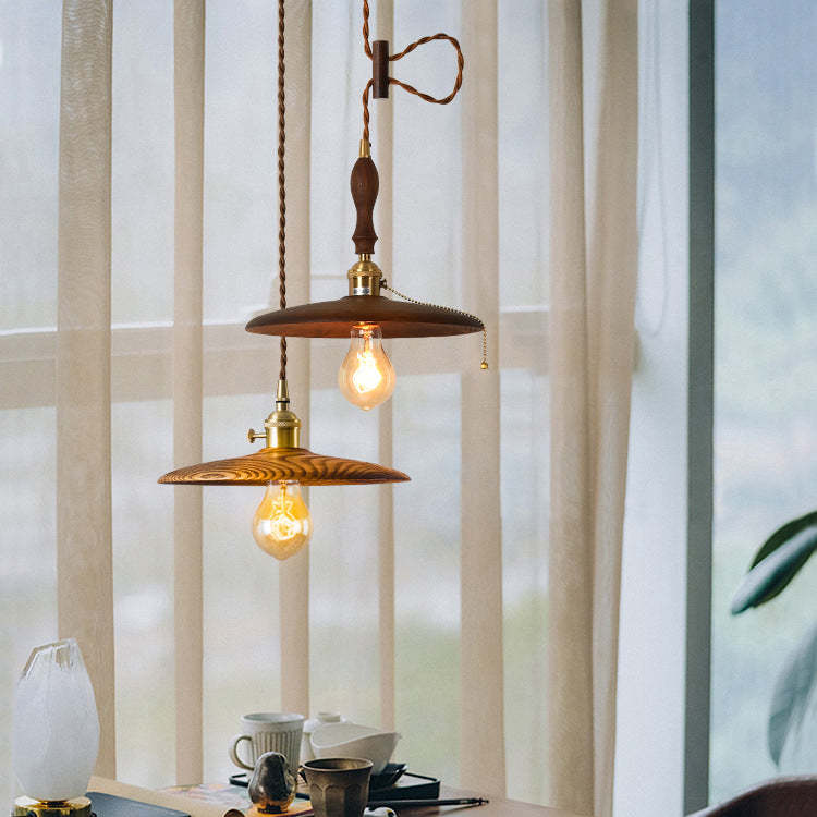 Retro Pull Chain Wooden Flying Saucer Pendant