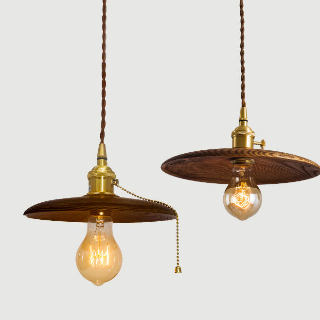 Retro Pull Chain Wooden Flying Saucer Pendant