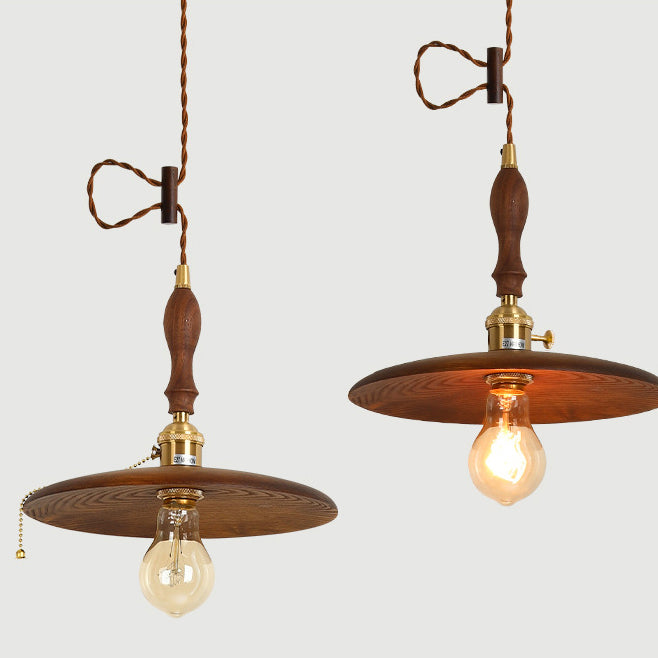 Retro Pull Chain Wooden Flying Saucer Pendant