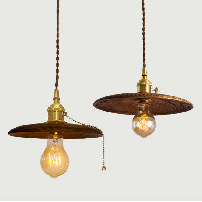 Retro Pull Chain Wooden Flying Saucer Pendant