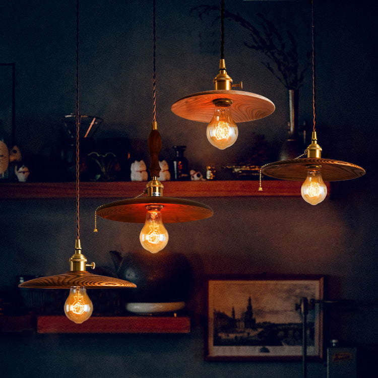 Retro Pull Chain Wooden Flying Saucer Pendant