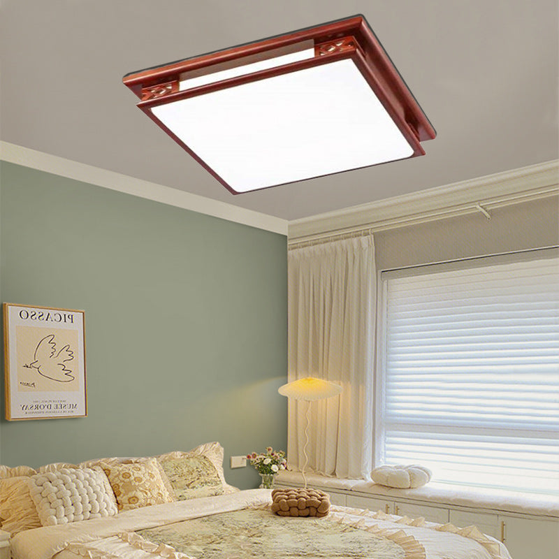 Chinese Square Solid Wood Acrylic LED Flush Mount Light