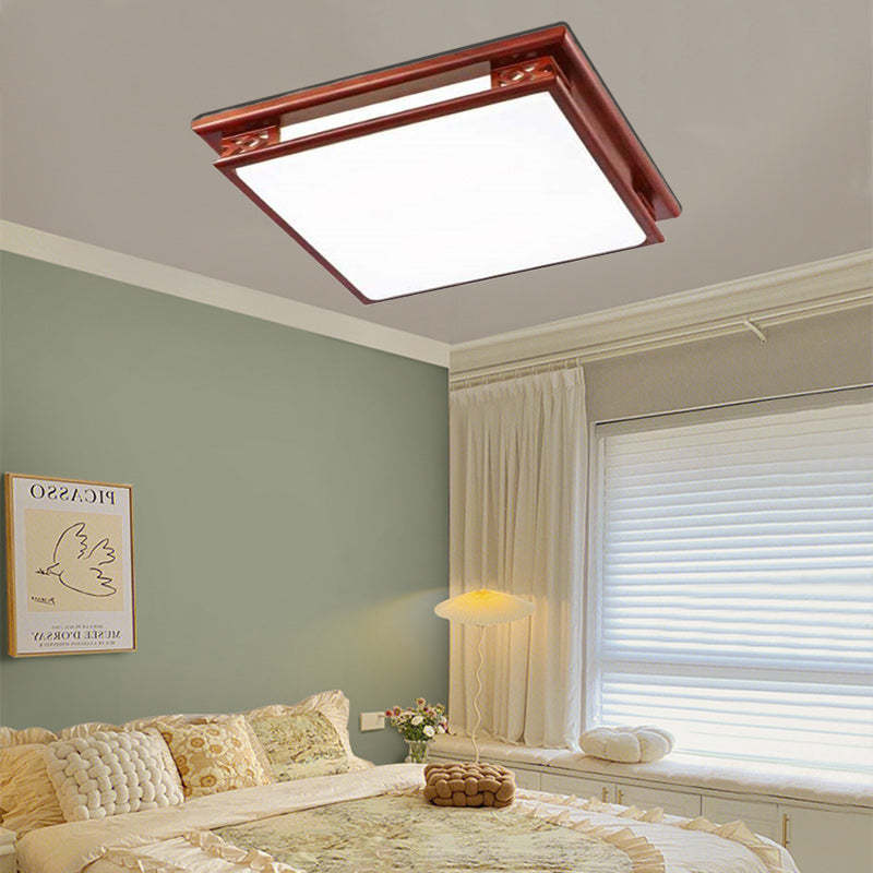 Chinese Square Solid Wood Acrylic LED Flush Mount Light