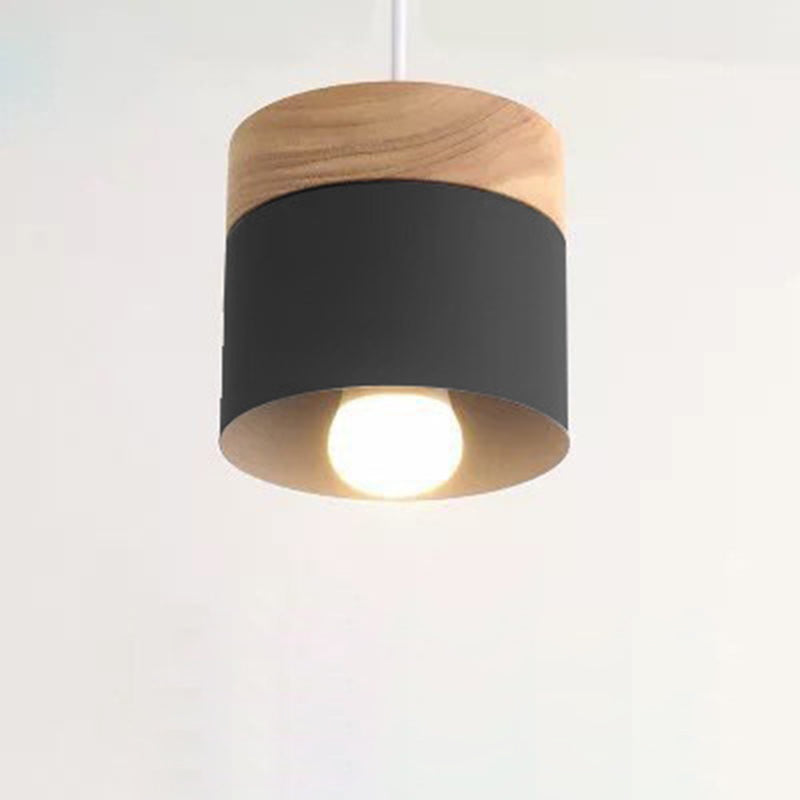 Minimalist Wood Iron Cylinder Pendant Light