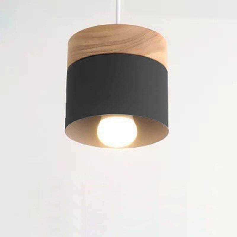 Minimalist Wood Iron Cylinder Pendant Light