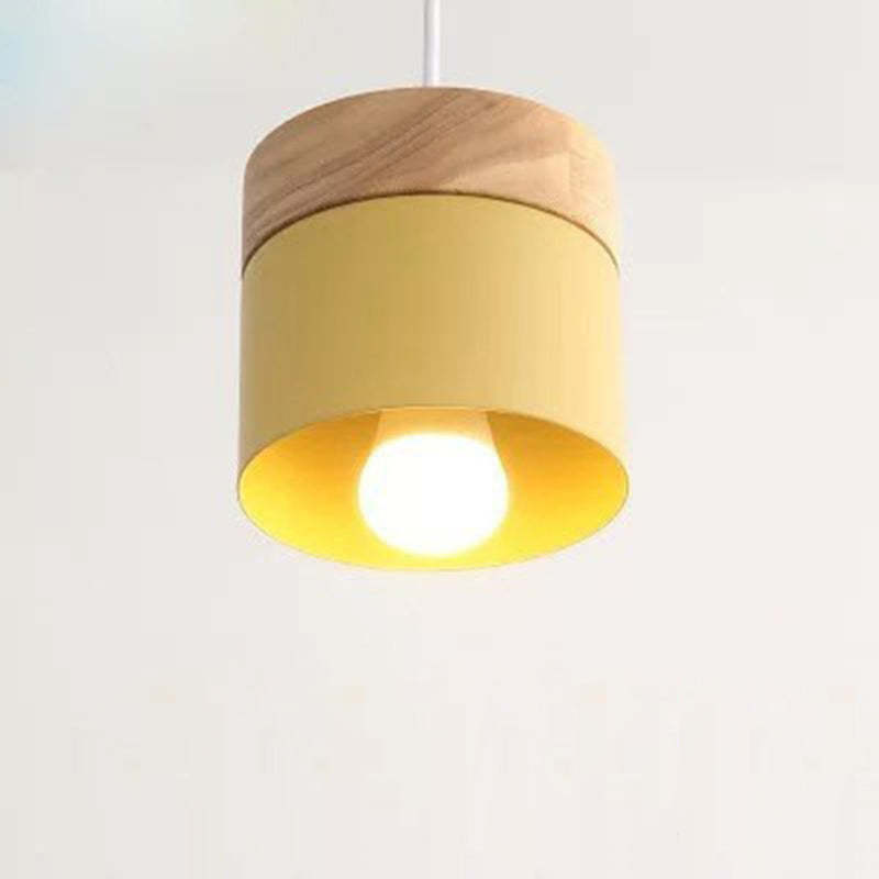 Minimalist Wood Iron Cylinder Pendant Light