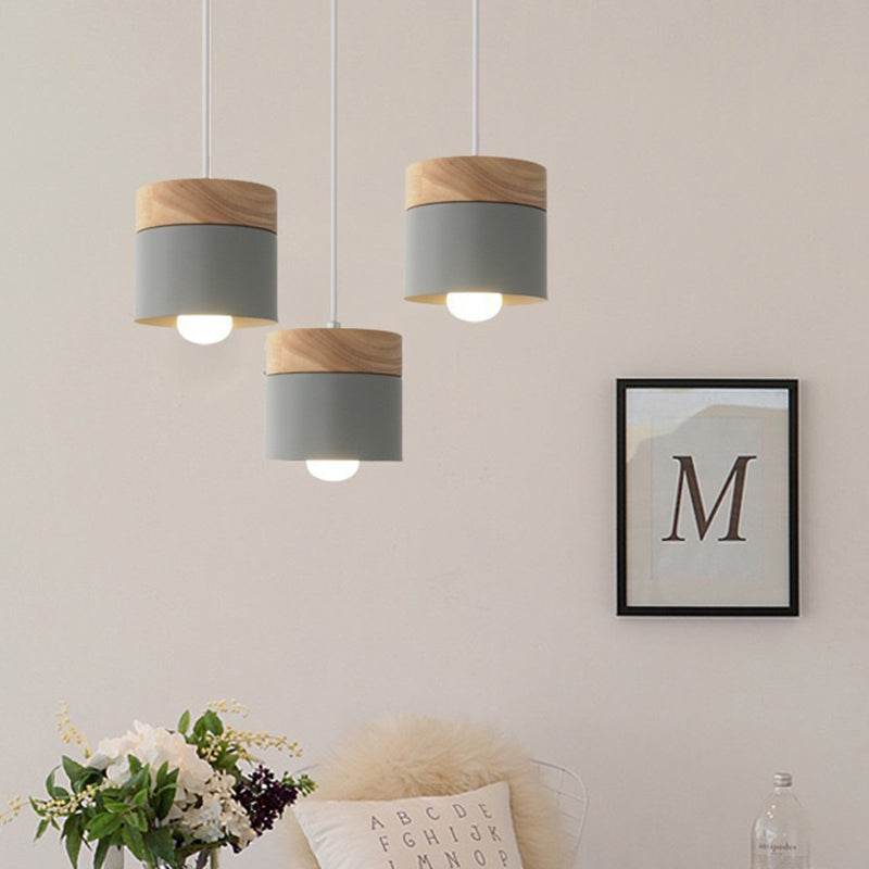 Minimalist Wood Iron Cylinder Pendant Light — Black / 220V-240V For UK/AU