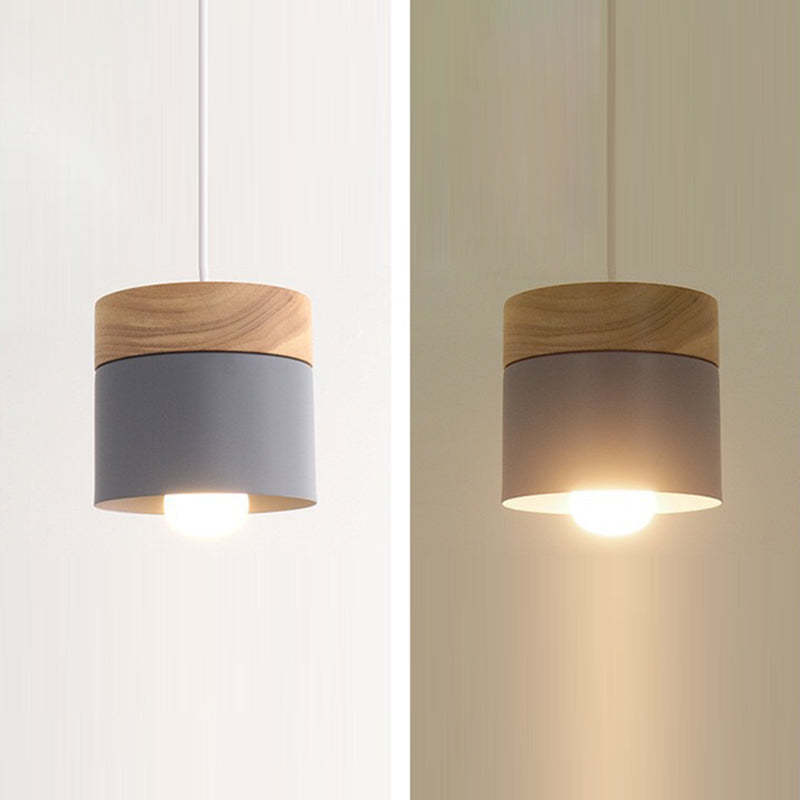 Minimalist Wood Iron Cylinder Pendant Light