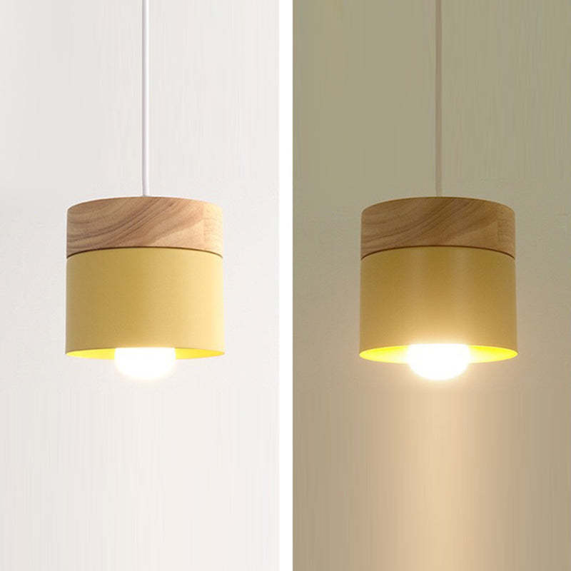 Minimalist Wood Iron Cylinder Pendant Light