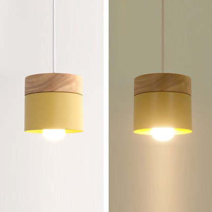 Minimalist Wood Iron Cylinder Pendant Light
