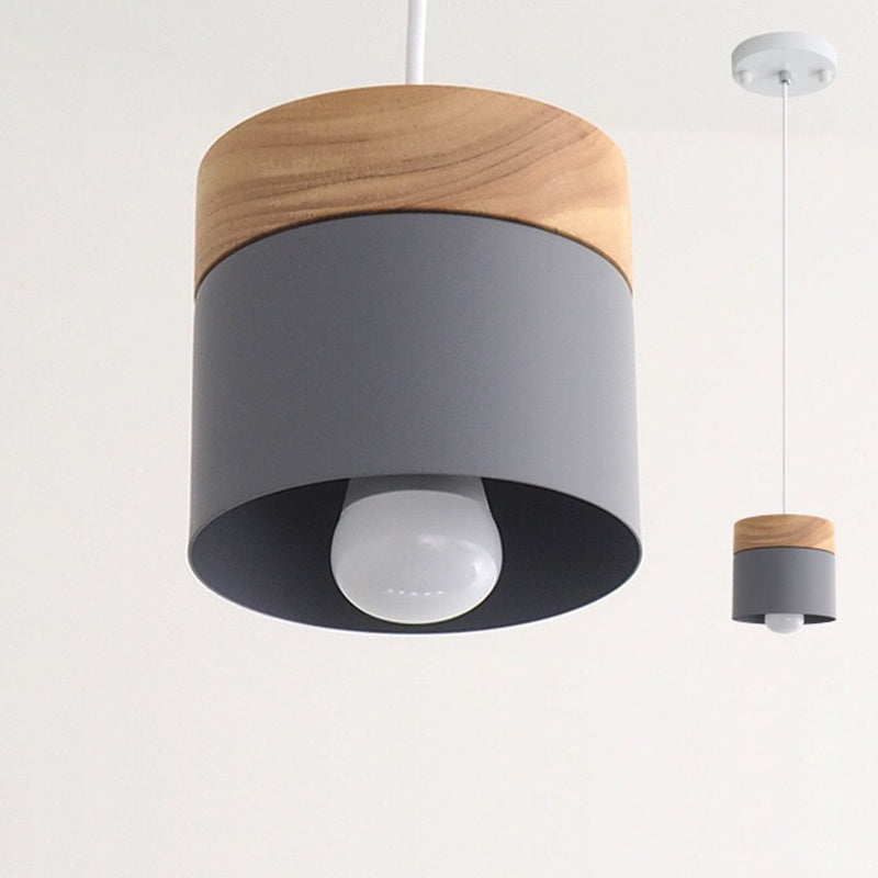 Minimalist Wood Iron Cylinder Pendant Light