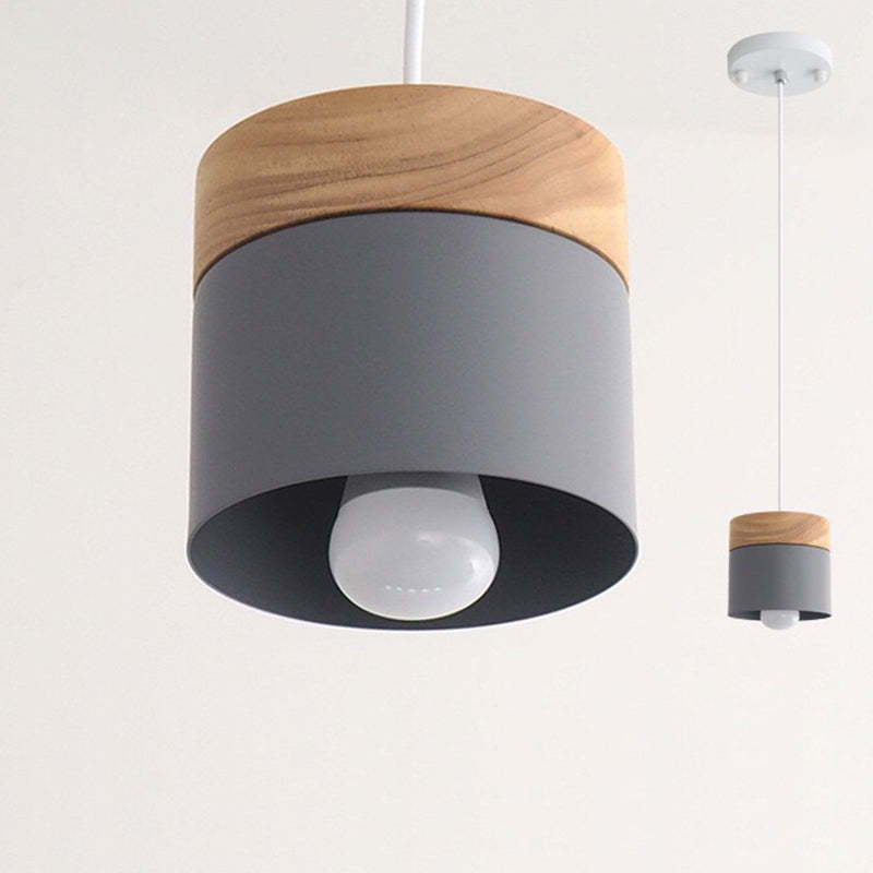 Minimalist Wood Iron Cylinder Pendant Light