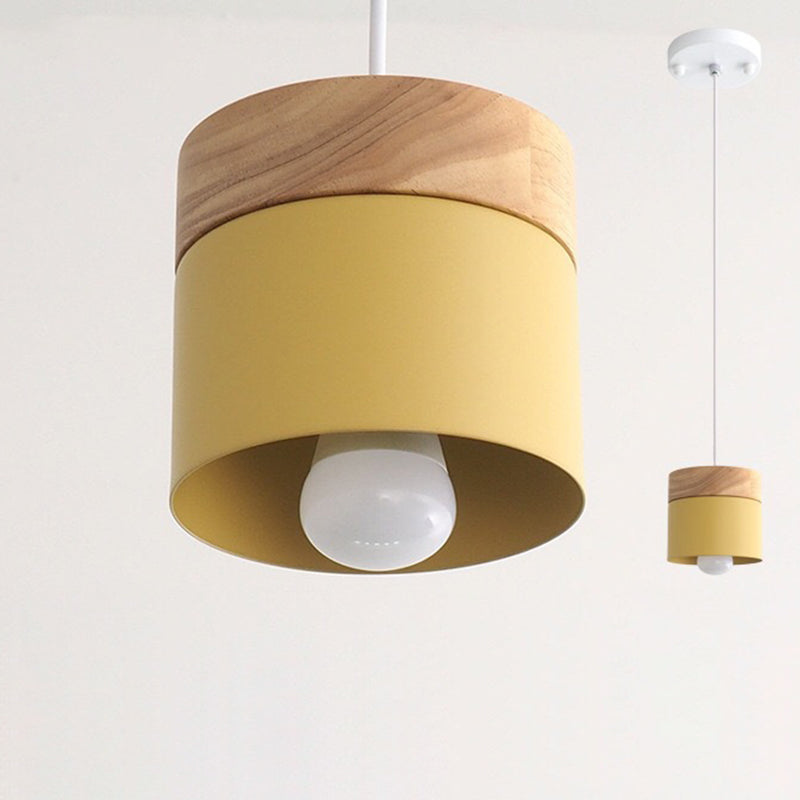 Minimalist Wood Iron Cylinder Pendant Light
