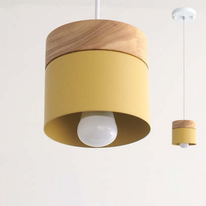 Minimalist Wood Iron Cylinder Pendant Light