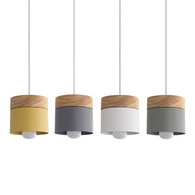 Minimalist Wood Iron Cylinder Pendant Light