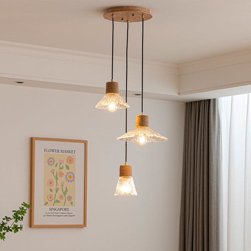 Nordic Conical Glass Hemp Rope Wood Chandelier
