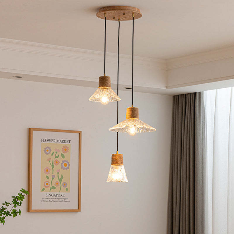 Nordic Conical Glass Hemp Rope Wood Chandelier