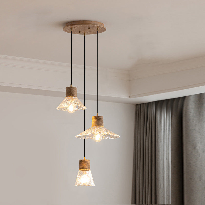 Nordic Conical Glass Hemp Rope Wood Chandelier