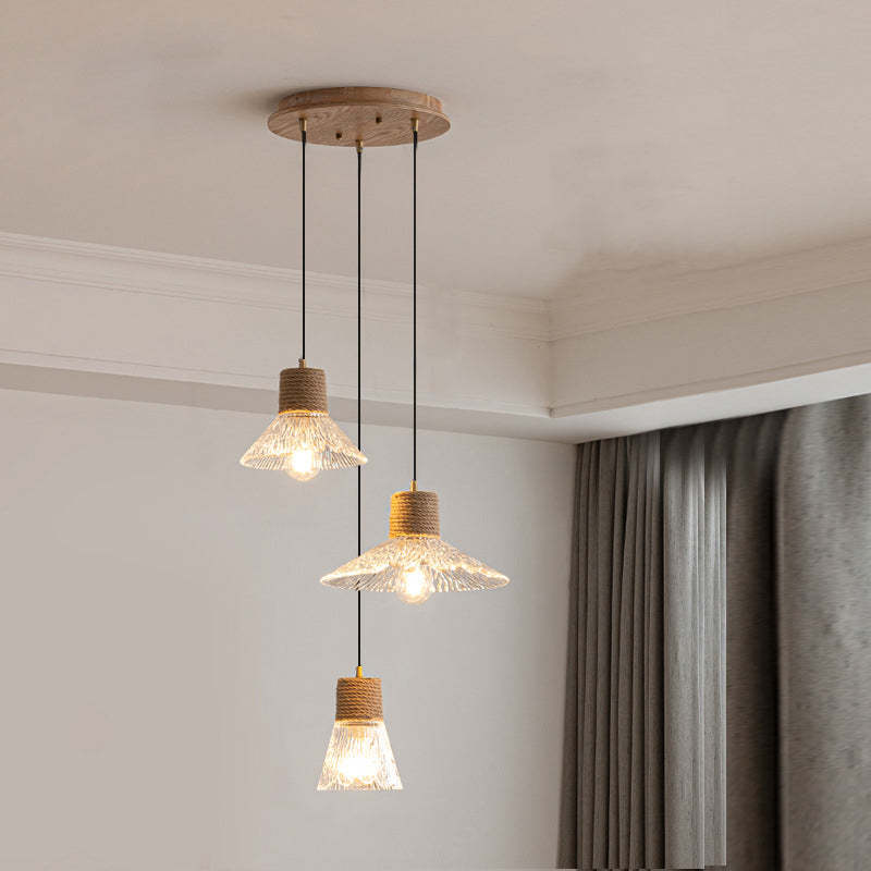 Nordic Conical Glass Hemp Rope Wood Chandelier