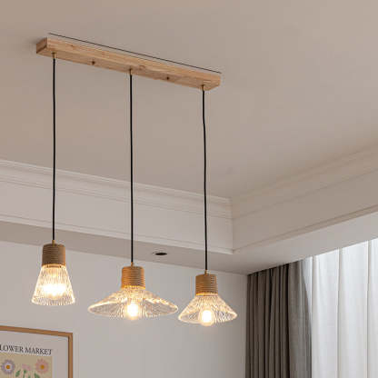 Nordic Conical Glass Hemp Rope Wood Chandelier