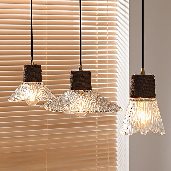 Nordic Conical Glass Hemp Rope Wood Chandelier
