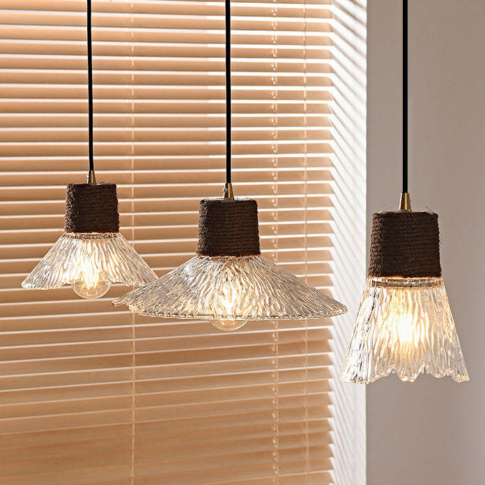 Nordic Conical Glass Hemp Rope Wood Chandelier