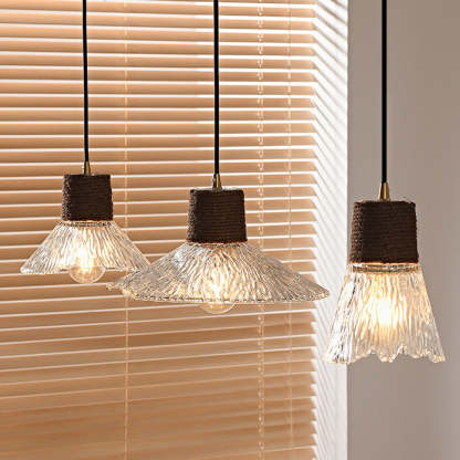Nordic Conical Glass Hemp Rope Wood Chandelier