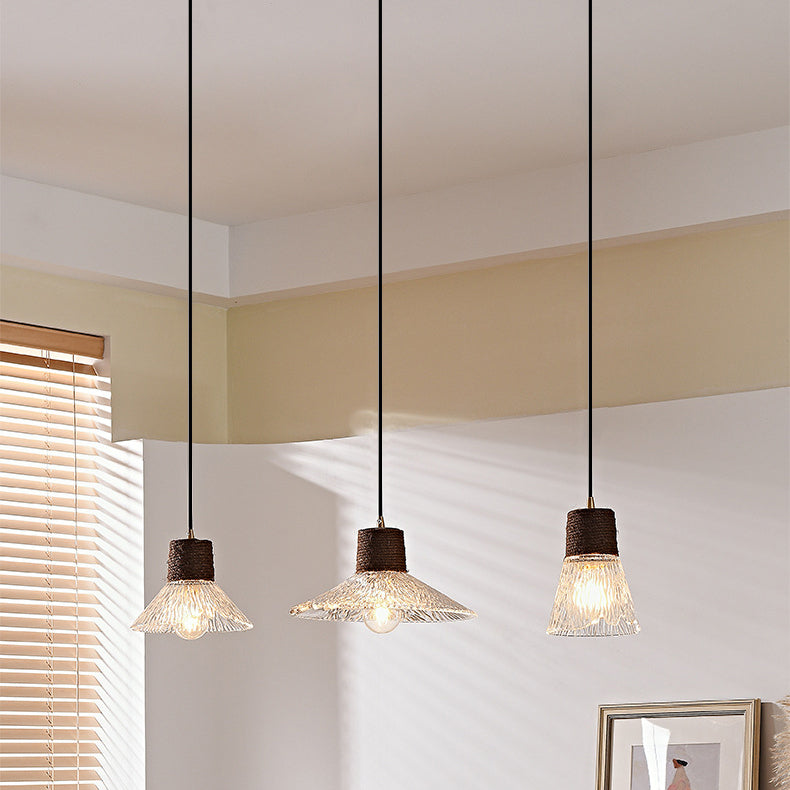 Nordic Conical Glass Hemp Rope Wood Chandelier