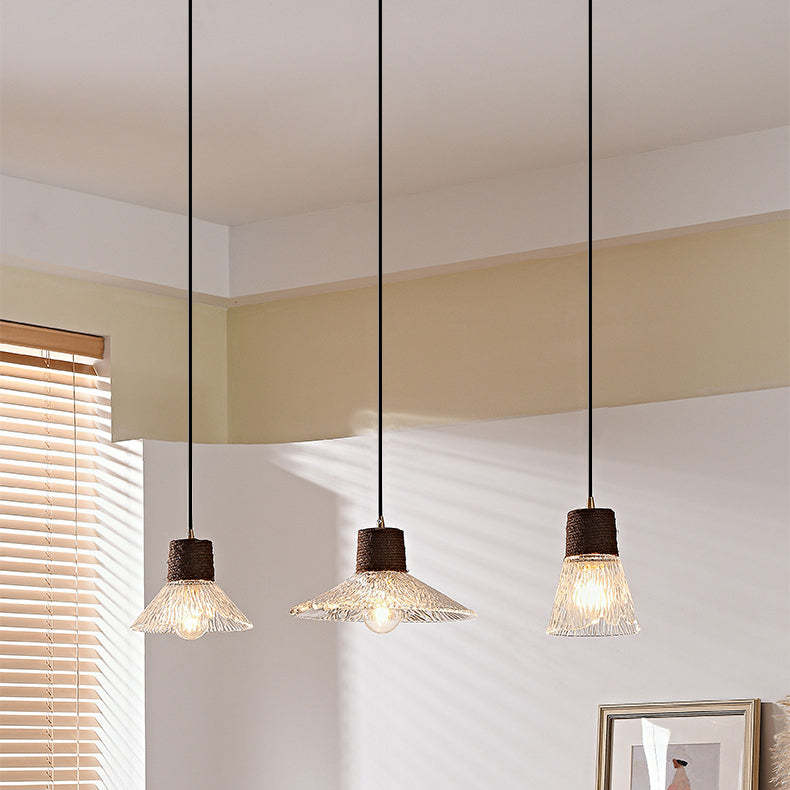 Nordic Conical Glass Hemp Rope Wood Chandelier