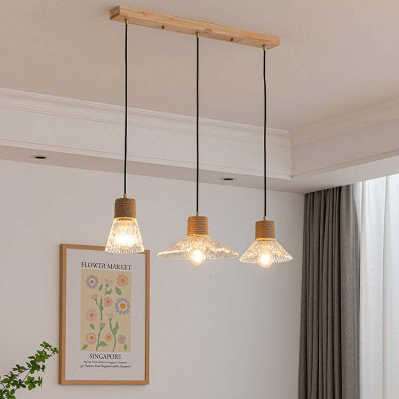 Nordic Conical Glass Hemp Rope Wood Chandelier