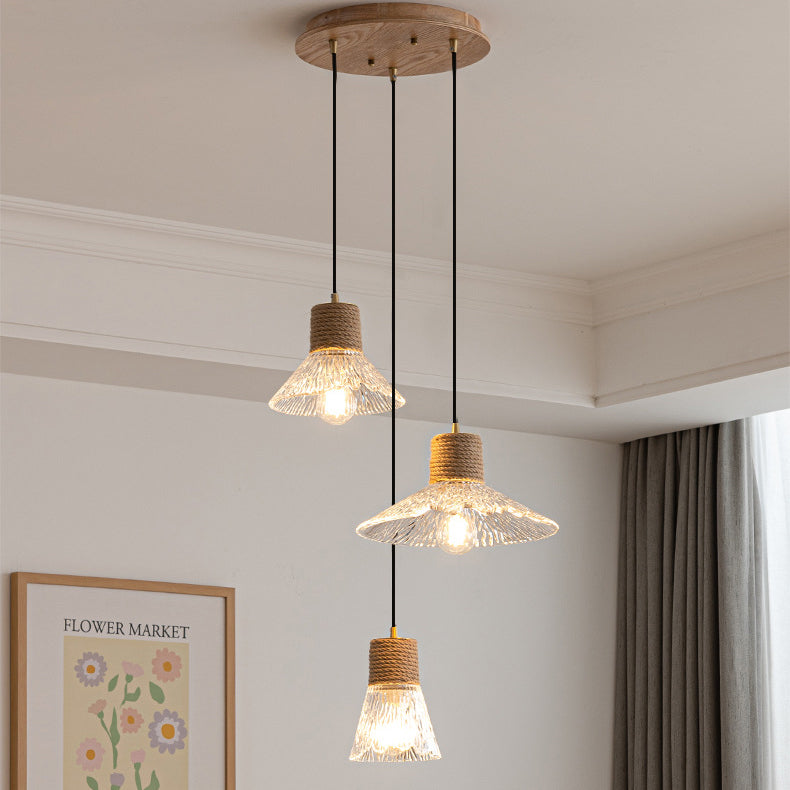 Nordic Conical Glass Hemp Rope Wood Chandelier