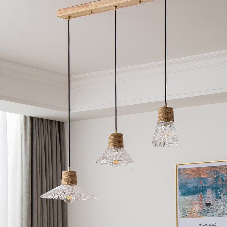 Nordic Conical Glass Hemp Rope Wood Chandelier