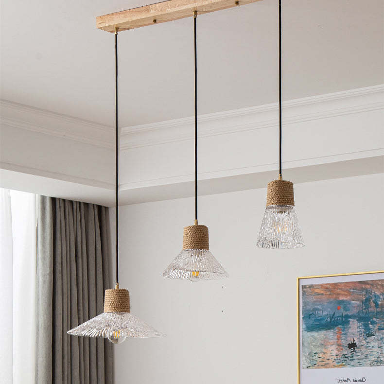 Nordic Conical Glass Hemp Rope Wood Chandelier