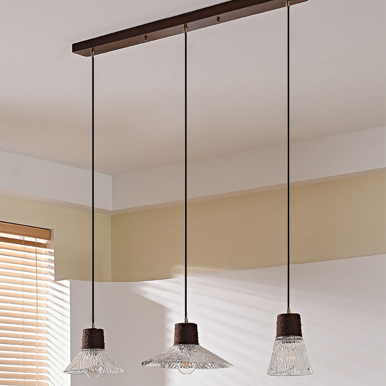 Nordic Conical Glass Hemp Rope Wood Chandelier