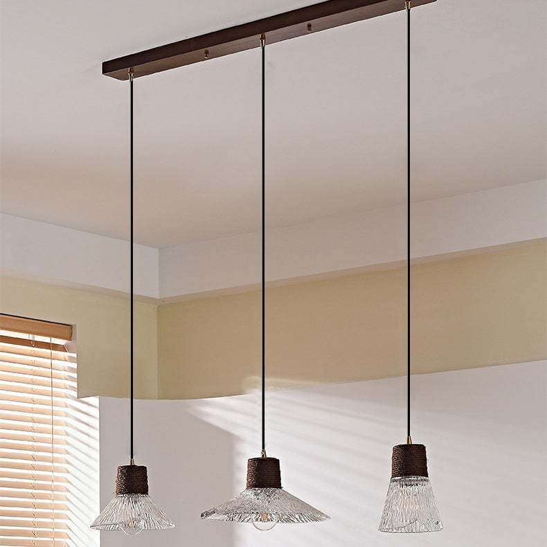 Nordic Conical Glass Hemp Rope Wood Chandelier