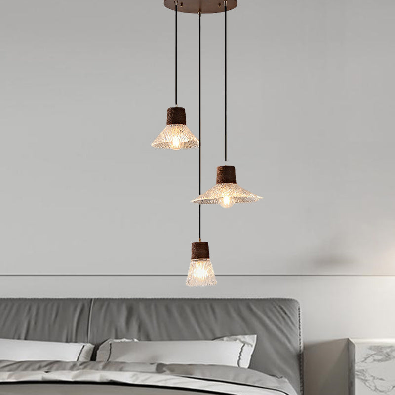 Nordic Conical Glass Hemp Rope Wood Chandelier
